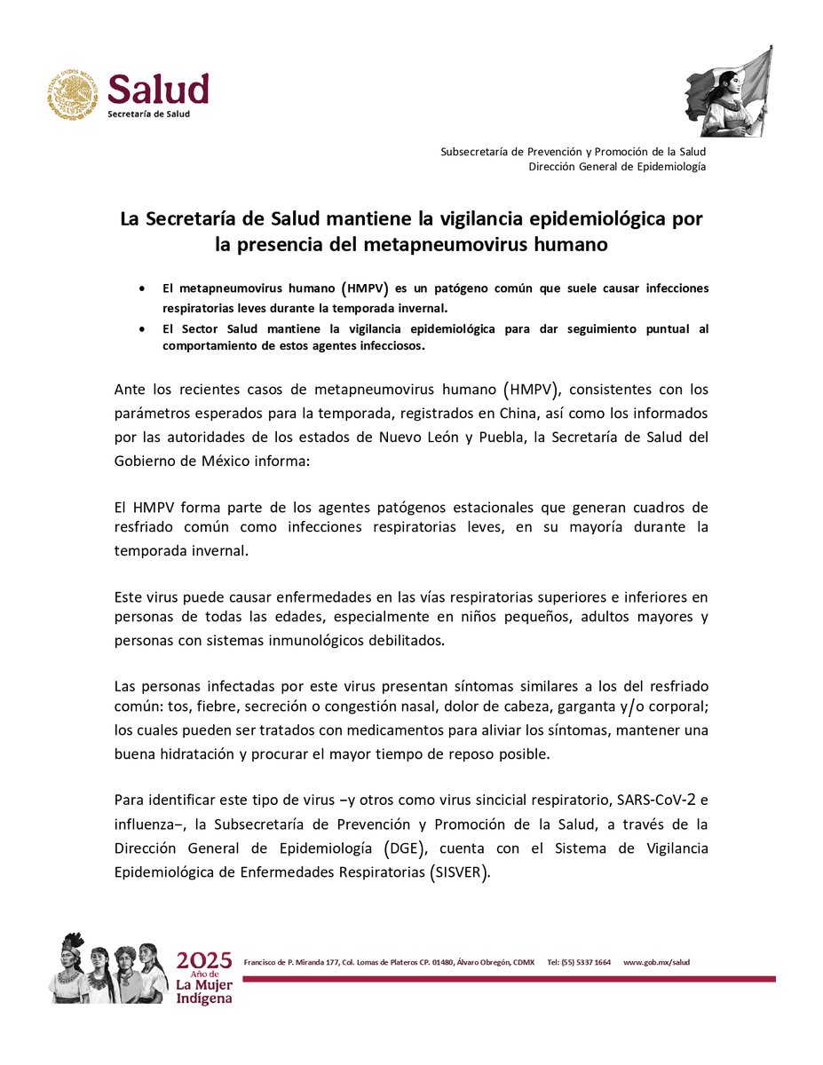 DGEMexico's tweet photo. #ComunicadoSalud

La Secretaría de Salud mantiene la vigilancia epidemiológica por la presencia del metapneumovirus humano https://t.co/JOv2xOmLjs