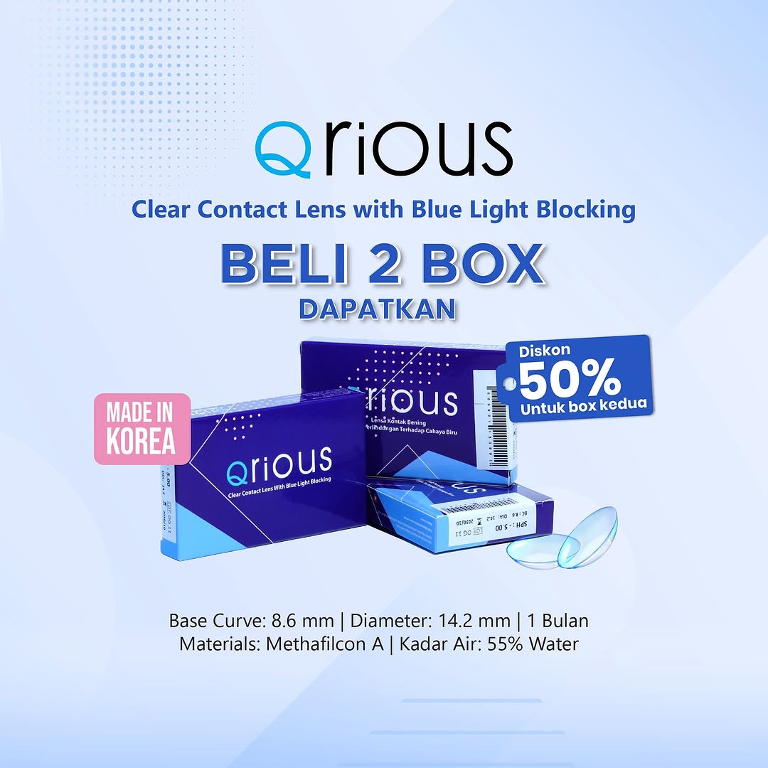 Qrious, clear contact lens with blue light blocking.

Dibuat dari Korea, Qrious memastikan kelembapan optimal dan breathable untuk mata Anda. Cocok untuk Anda yang ingin tampil stylish tanpa mengorbankan kesehatan mata.

Dapatkan segera softlen Qrious di store Optik Tunggal atau