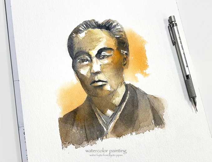 福沢さんがおられませんでしたので画像見て描きました。渋沢さんも。北里さんは間も無くお出かけです。#Watercolor #水彩画 #透明水彩 #京都水彩画塾  #水彩画教室  #京都の絵画教室 #藤田わへい  #USK  #絵画動画  #一万円札 
