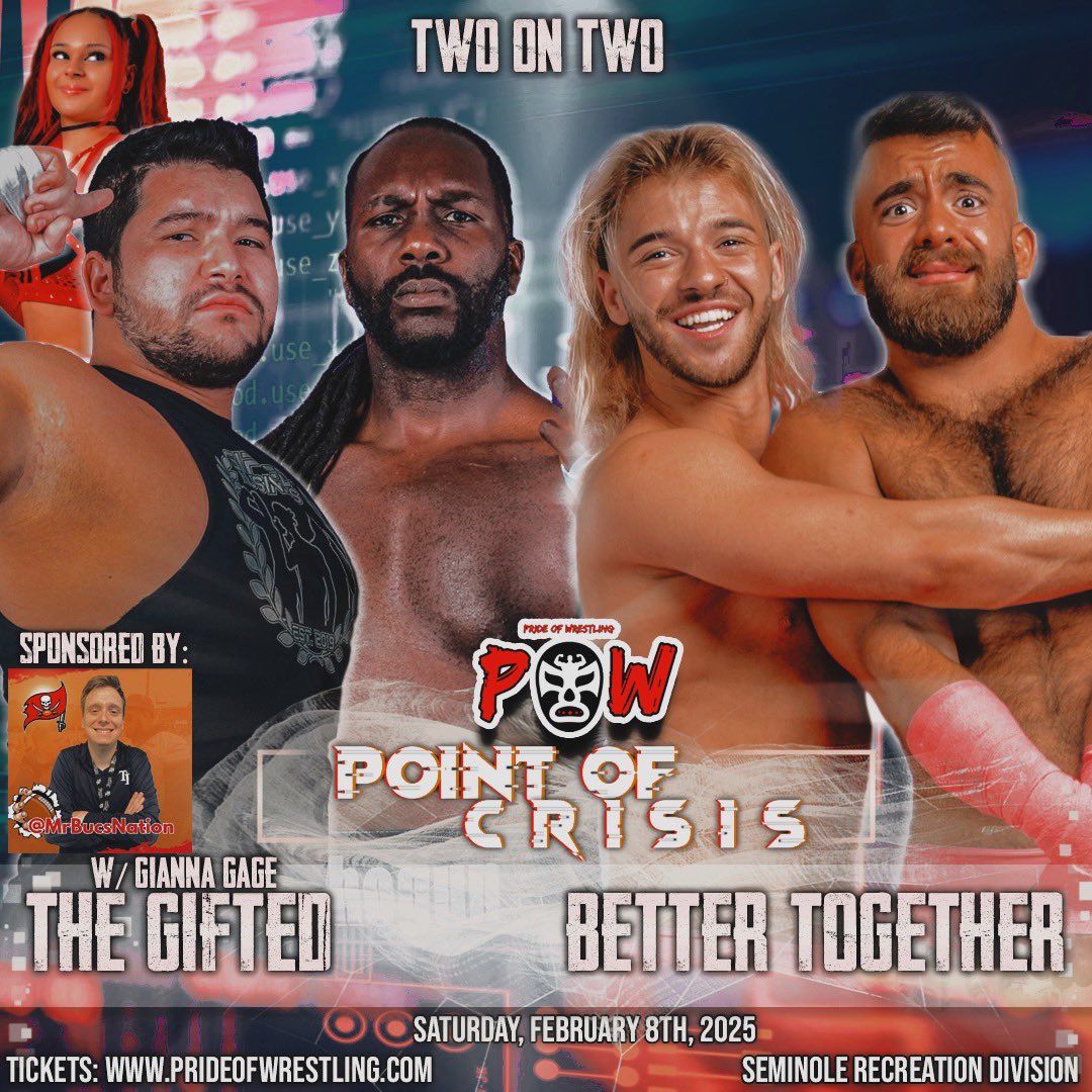Pride of Wrestling (@powrestlingllc) on Twitter photo The Gifted (<a href="/LogancruzPW/">Logan Cruz</a> & <a href="/LeeroyShogun/">Leeroy Shogun</a>) vs Better Together (<a href="/origold16/">Ori Gold</a> & <a href="/HadarHorwitz/">Hadar Horvitz</a>)
🚨POW presents POW37 Point of Crisis‼️ Saturday February 8th 6:00pm at the Seminole Recreation Center in Seminole FL🚨
🎟️ Tickets prideofwrestling.com The Gifted (<a href="/LogancruzPW/">Logan Cruz</a> & <a href="/LeeroyShogun/">Leeroy Shogun</a>) vs Better Together (<a href="/origold16/">Ori Gold</a> & <a href="/HadarHorwitz/">Hadar Horvitz</a>)
🚨POW presents POW37 Point of Crisis‼️ Saturday February 8th 6:00pm at the Seminole Recreation Center in Seminole FL🚨
🎟️ Tickets prideofwrestling.com
