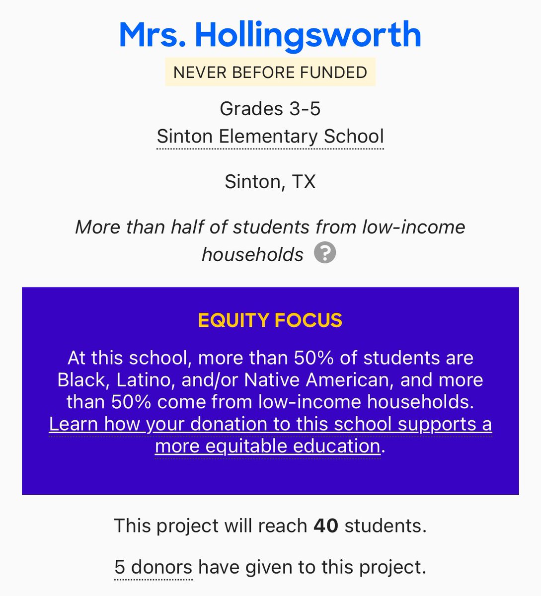FetchTeach (@fetchteach) on Twitter photo Mrs.Nina on my campus is awesome!
She has never been funded on <a href="/DonorsChoose/">DonorsChoose</a> !! She’s requesting incentives! Let’s show her some love with a RT? <a href="/KrocksPage/">Kindness Rocks DonorsChoose Giving Page</a> ♥️
donorschoose.org/project/nobody… Mrs.Nina on my campus is awesome!
She has never been funded on <a href="/DonorsChoose/">DonorsChoose</a> !! She’s requesting incentives! Let’s show her some love with a RT? <a href="/KrocksPage/">Kindness Rocks DonorsChoose Giving Page</a> ♥️
donorschoose.org/project/nobody…