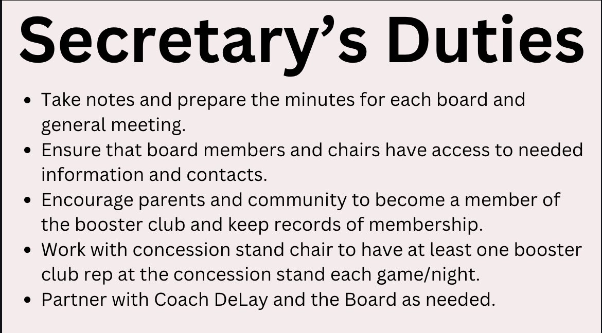 It’s time begin the Booster Club Board nominations! We will be voting for President, Vice-President, Secretary, and Treasurer. Nominations will be accepted through Febr 10th. Please call or text Jessica to nominate or if you have questions.