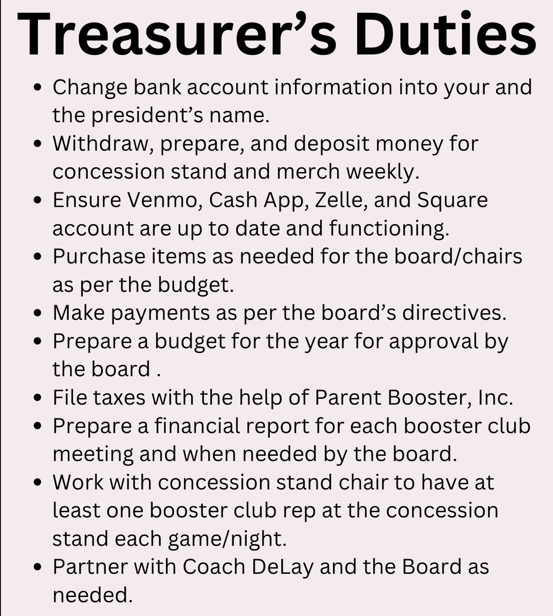 It’s time begin the Booster Club Board nominations! We will be voting for President, Vice-President, Secretary, and Treasurer.