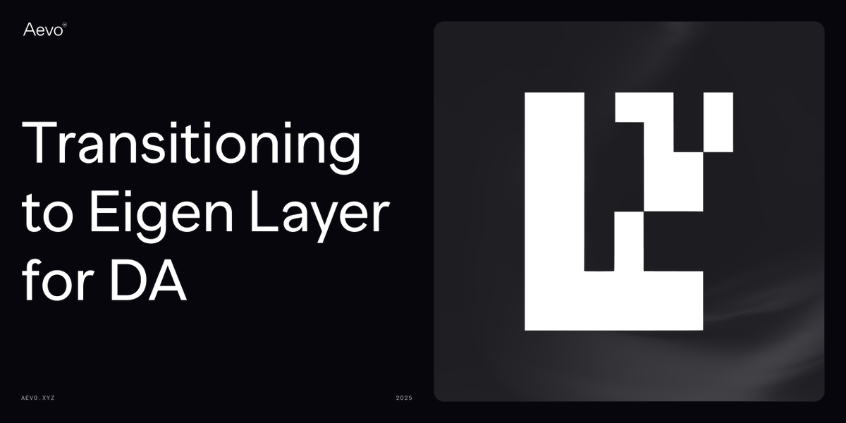 aevoxyz's tweet photo. Aevo is transitioning to @Eigen_DA for our data availability layer.

This move will supercharge your trading experience, making it faster, cheaper, and more secure. https://t.co/0SuL2pEBSy
