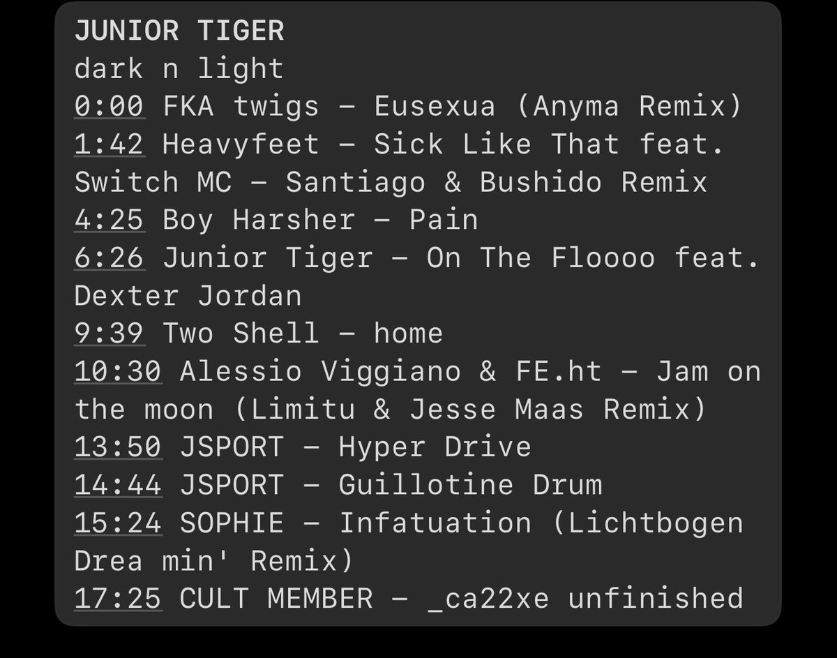 new mix // dark n light 

on.soundcloud.com/r15hR33wbWdC9f…

<a href="/FKAtwigs/">FKA twigs</a> #heavyfeet <a href="/BoyHarsher/">Boy Harsher</a> @dexteroj twoshelluk #jsport #cultmember #SOPHIE #lichtbogendrea