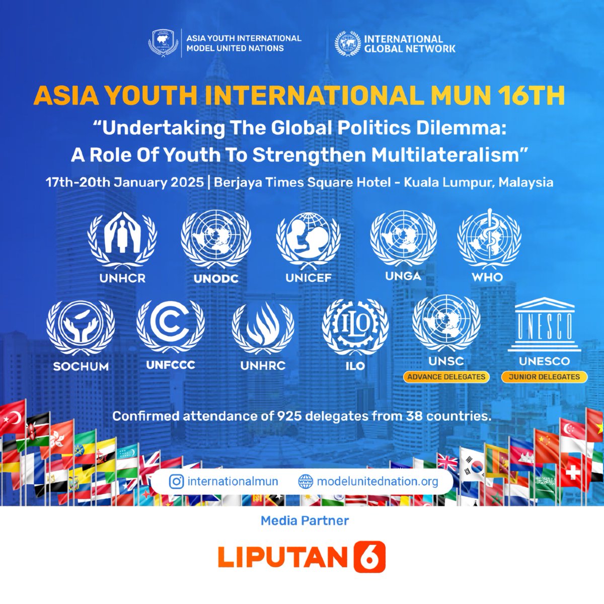 liputan6dotcom's tweet photo. Asia Youth International MUN 16th akan digelar pada 17-20 Januari 2025 di Hotel Berjaya Times Square, Kuala Lumpur, Malaysia.
Kunjungi https://t.co/3OjBerY5ln untuk info lebih lanjut.
#AYIMUN #GlobalYouth #MUN https://t.co/oVWu3KcnpZ