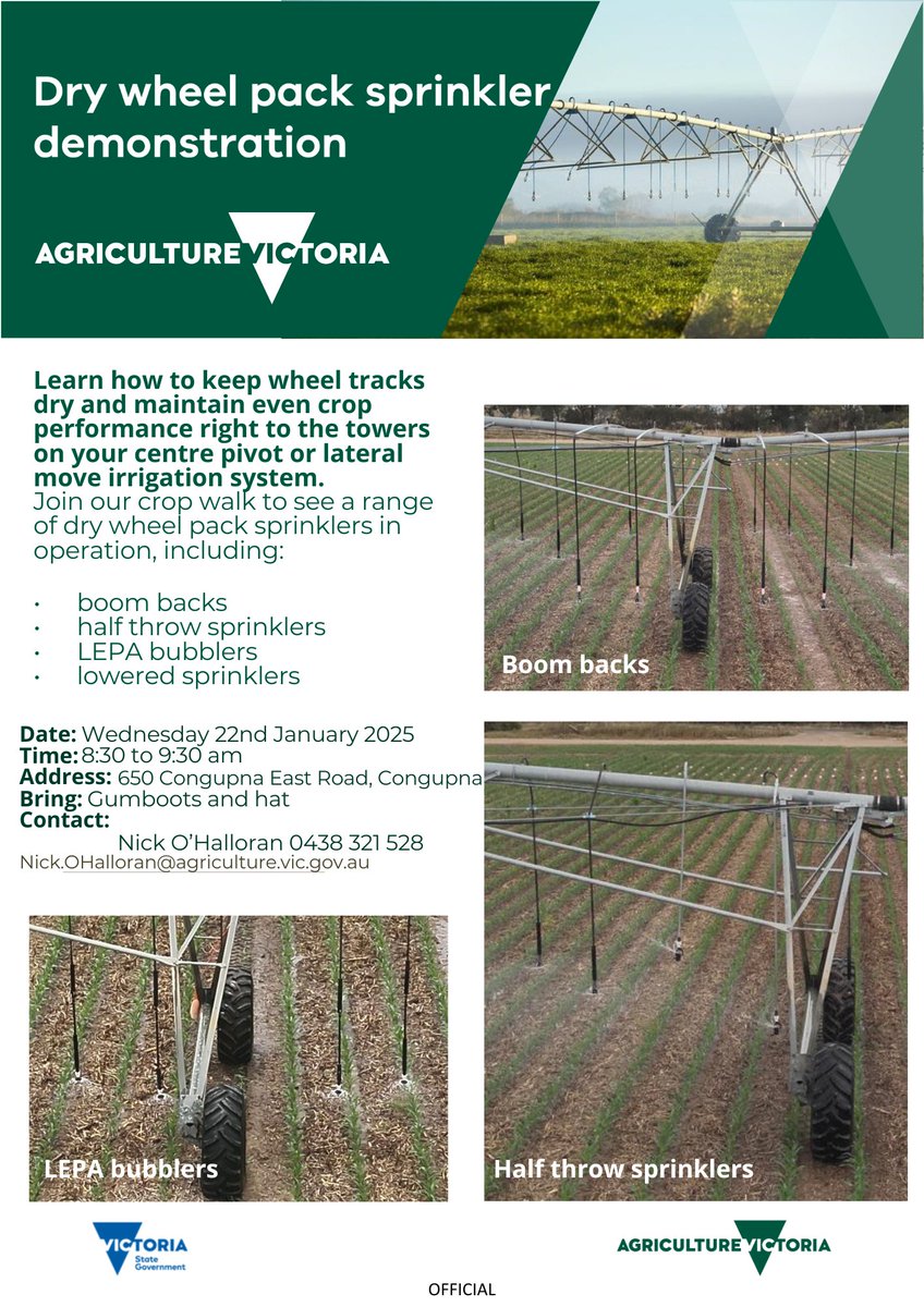 Join the crop walk for a demonstration of dry wheel packs sprinklers installed on a lateral move irrigator, with Nick O'Halloran #AgVic <a href="/VicGovGrains/">Ag Vic Grains</a> #irrigation