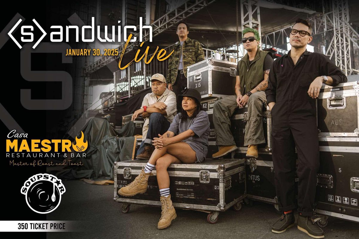 SOUPSTAR (@soupstarent) on Twitter photo Lipa City, Batangas!
Abangan ang <a href="/subsandwich/">Sandwich</a> sa Casa Maestro Restaurant & Bar this January 30! Ticket price is Php 350. Kitakits!!!
#Sandwich #Soupstar #SoupstarGigs #25YearOrSoupstarMusic Lipa City, Batangas!
Abangan ang <a href="/subsandwich/">Sandwich</a> sa Casa Maestro Restaurant & Bar this January 30! Ticket price is Php 350. Kitakits!!!
#Sandwich #Soupstar #SoupstarGigs #25YearOrSoupstarMusic