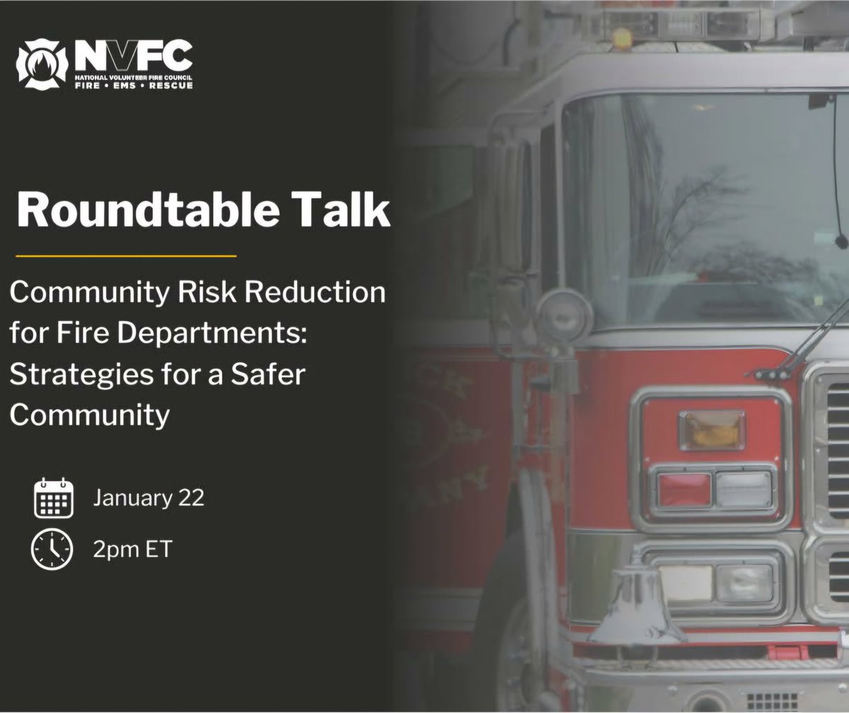 Join us for an <a href="/NVFC/">NatlVolFireCouncil</a> Roundtable Talk during Community Risk Reduction Week (Jan 20-26). 

Discover actionable strategies to create CRR programs tailored to your community’s needs. Don’t miss this panel discussion!

📅 January 22
⏰ 2pm ET

Register here: bit.ly/3WceUpS