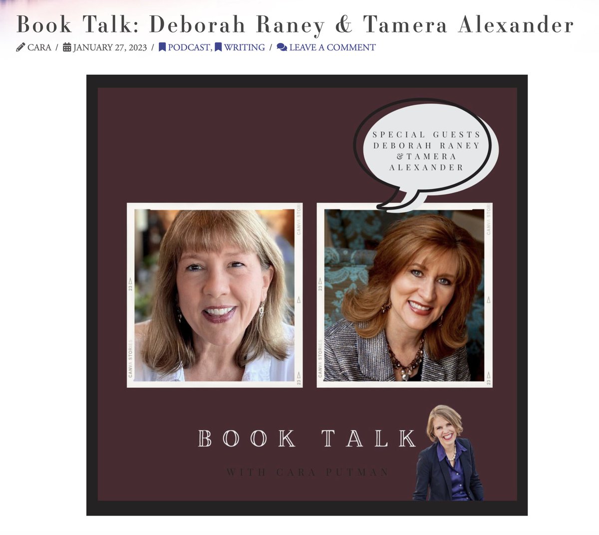 Tamera Alexander (@tameraalexander) on Twitter photo Looking for a new author or want to learn more about one of your favorite authors? Check out Book Talk with Cara. Friend <a href="/cara_putman/">Cara Putman, Author & Professor</a> chats with so many writers about their novels and writing process. <a href="/AuthorDebRaney/">Deborah Raney</a> and me included! :) caraputman.com/podcast/ Looking for a new author or want to learn more about one of your favorite authors? Check out Book Talk with Cara. Friend <a href="/cara_putman/">Cara Putman, Author & Professor</a> chats with so many writers about their novels and writing process. <a href="/AuthorDebRaney/">Deborah Raney</a> and me included! :) caraputman.com/podcast/