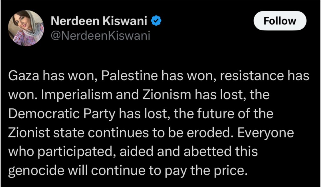 Before the ceasefire, Nerdeen Kiswani insisted that Palestinians were a victim of a genocide.  After the ceasefire, she insists that “Palestine has won.”  

How exactly can you “win” a genocide unless you were lying about genocide in the first place? No victims of a genocide