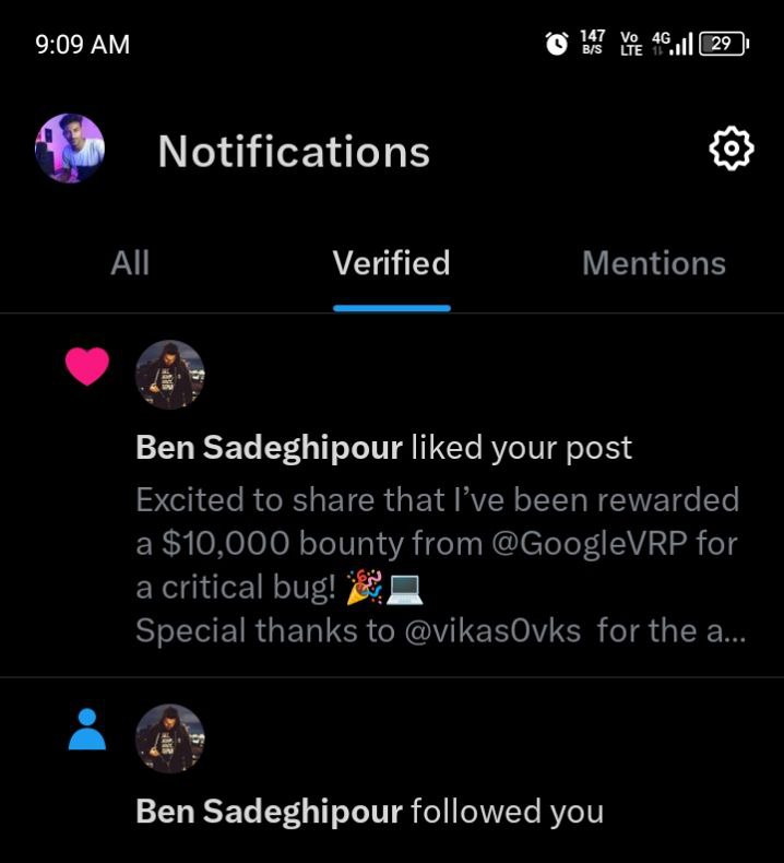 🌟 Waking up to this made my day! 🎉 Huge thanks to <a href="/NahamSec/">Ben Sadeghipour</a>  for the follow.
Grateful for the support and inspired to keep pushing the boundaries in bug hunting. 🙌

#BugBounty #CyberSecurity #Infosec