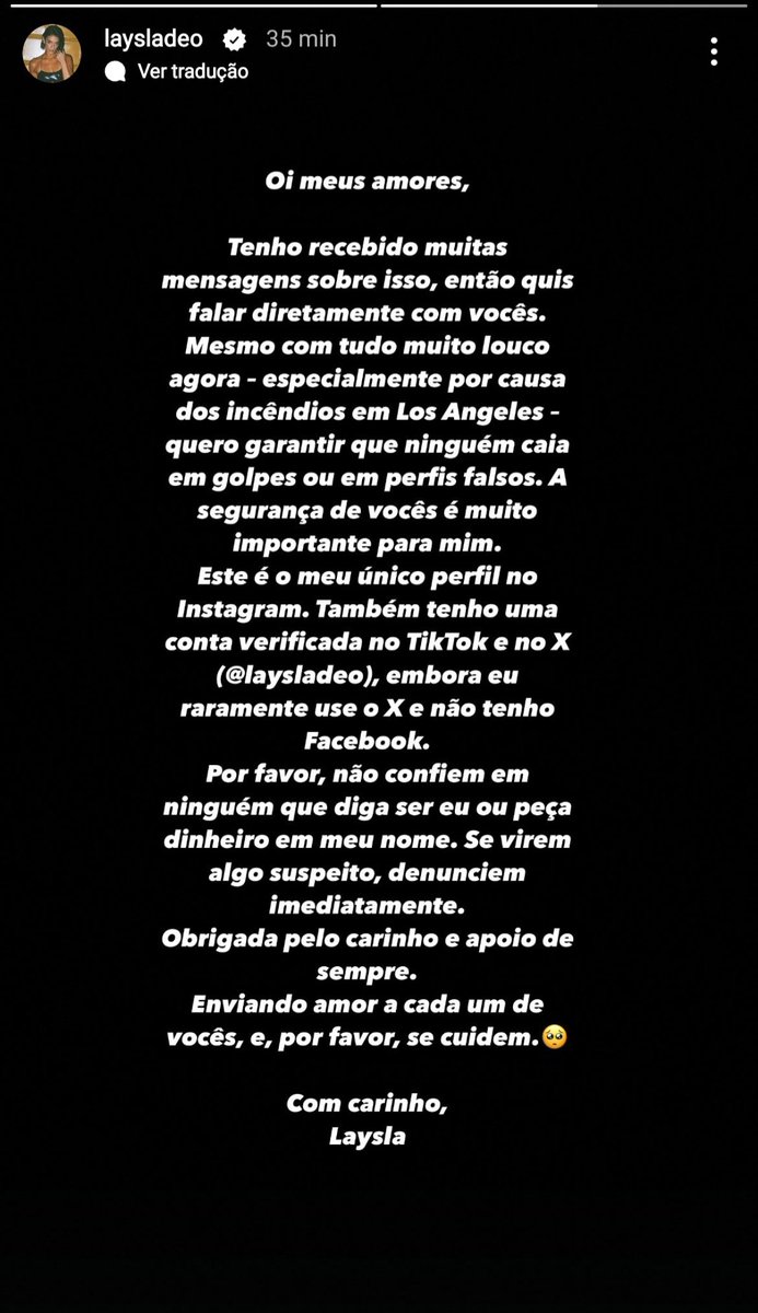 Laysla de Oliveira escreveu um texto em português referente a golpes que podem estar aparecendo em seu nome, após a tragédia que ocorreu em Los Angeles, na Califórnia.