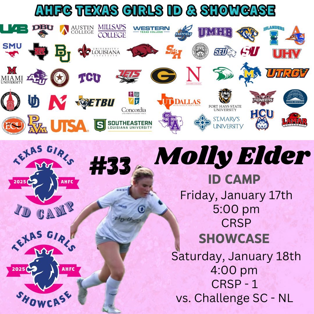 Molly Elder c/o 2026 (@mollyelder_10) on Twitter photo I am looking forward to the AHFC Texas Girls ID and Showcase this Friday and Saturday!!!⚽️🗓️
<a href="/ahfc07gECRL/">Albion U19G ECNL-RL</a> <a href="/ahfcsoccer/">Albion Hurricanes FC</a> <a href="/CoachGusMota/">Gustavo Mota</a> <a href="/txbcfc/">steve williams</a> I am looking forward to the AHFC Texas Girls ID and Showcase this Friday and Saturday!!!⚽️🗓️
<a href="/ahfc07gECRL/">Albion U19G ECNL-RL</a> <a href="/ahfcsoccer/">Albion Hurricanes FC</a> <a href="/CoachGusMota/">Gustavo Mota</a> <a href="/txbcfc/">steve williams</a>