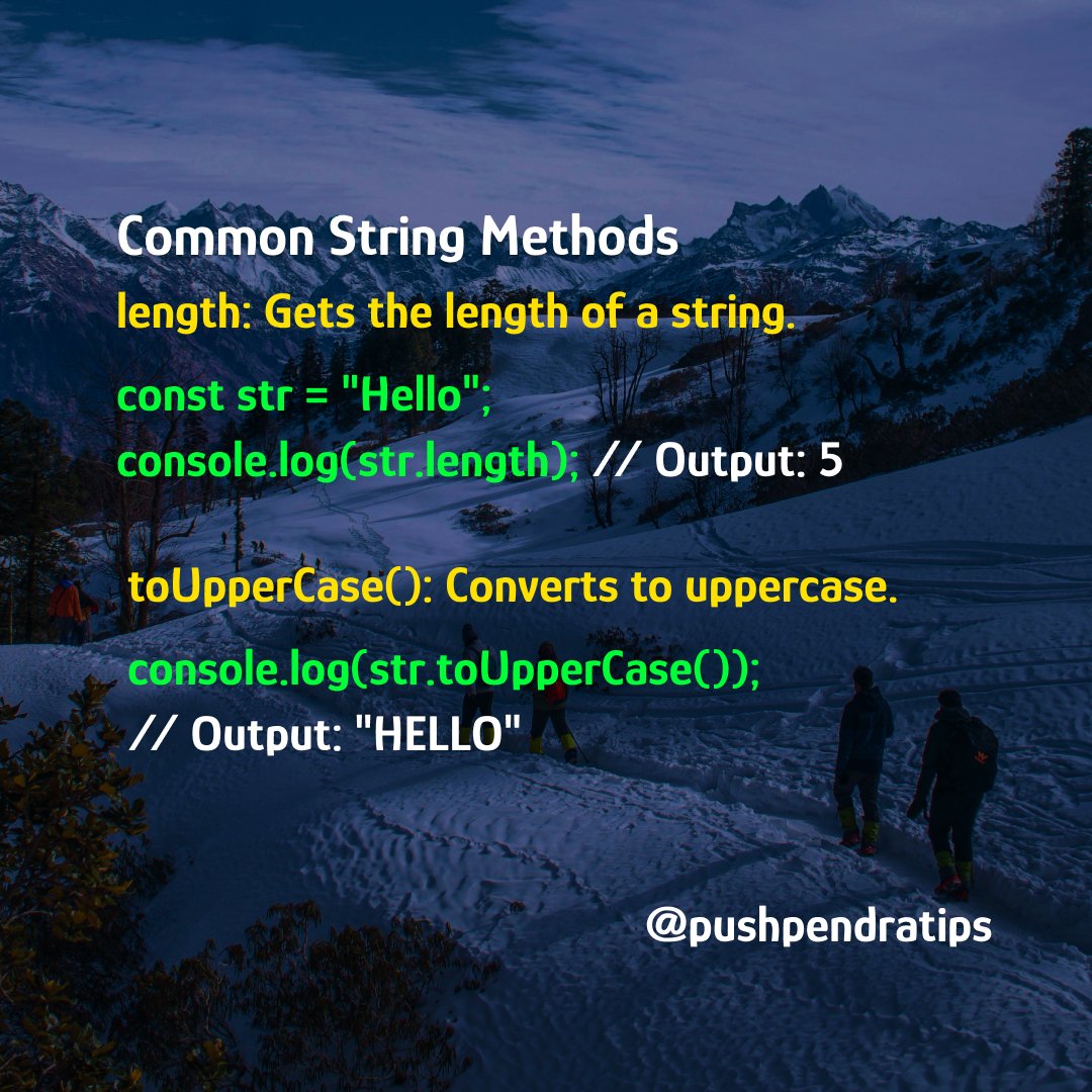 pushpendratips's tweet image. Common String Methods 🚀
length: Gets the length of a string.
const str = "Hello";
console.log(str.length); // Output: 5
toUpperCase(): Converts to uppercase.
console.log(str.toUpperCase()); // Output: "HELLO"
#JavaScriptClosures #ClosuresExplained #LearnJavaScript…