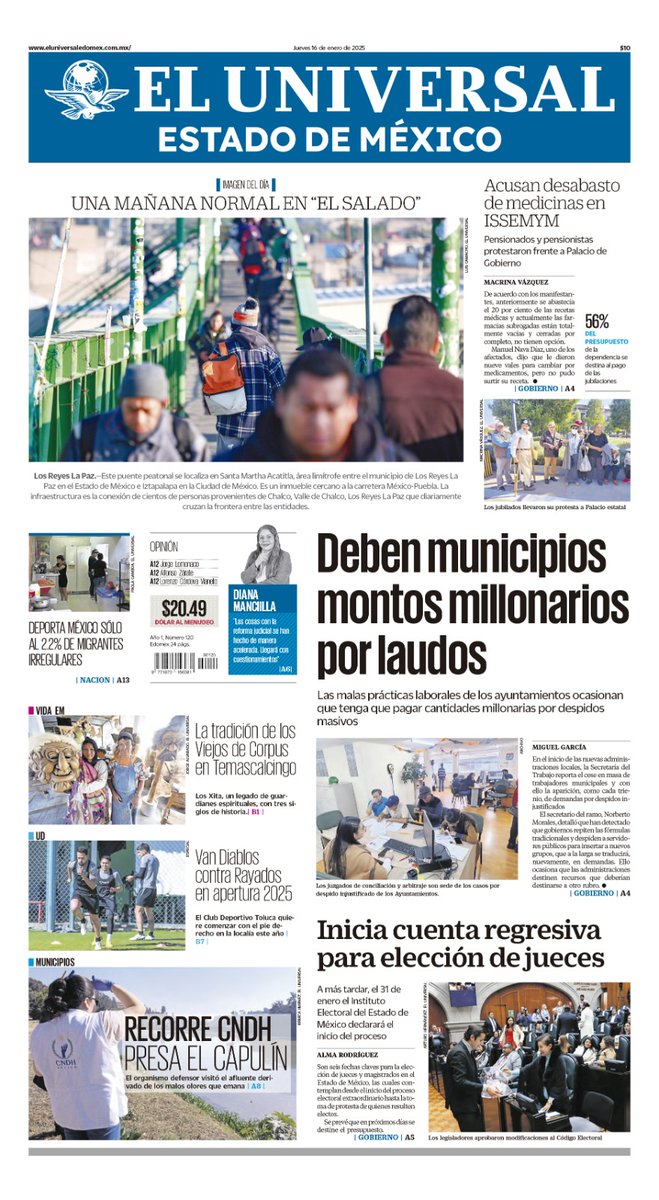Univ_Edomex's tweet photo. Buen día #Edomex. ☀️☕️
📰 Te dejamos nuestra portada de hoy:
📸 Una mañana normal en “#ElSalado”.
💊 Acusan desabasto de medicinas en #ISSEMYM.
💵 Deben municipios montos millonarios por #laudos.
✨ La #tradición de los viejos de #Corpus en #Temascalcingo.
⚽️ Van #Diablos contra #Rayados en apertura 2025.
⚖️ Inicia cuenta regresiva para #elección de jueces.
Entérate de todo en 👉 https://t.co/VSLFnO8Ni4