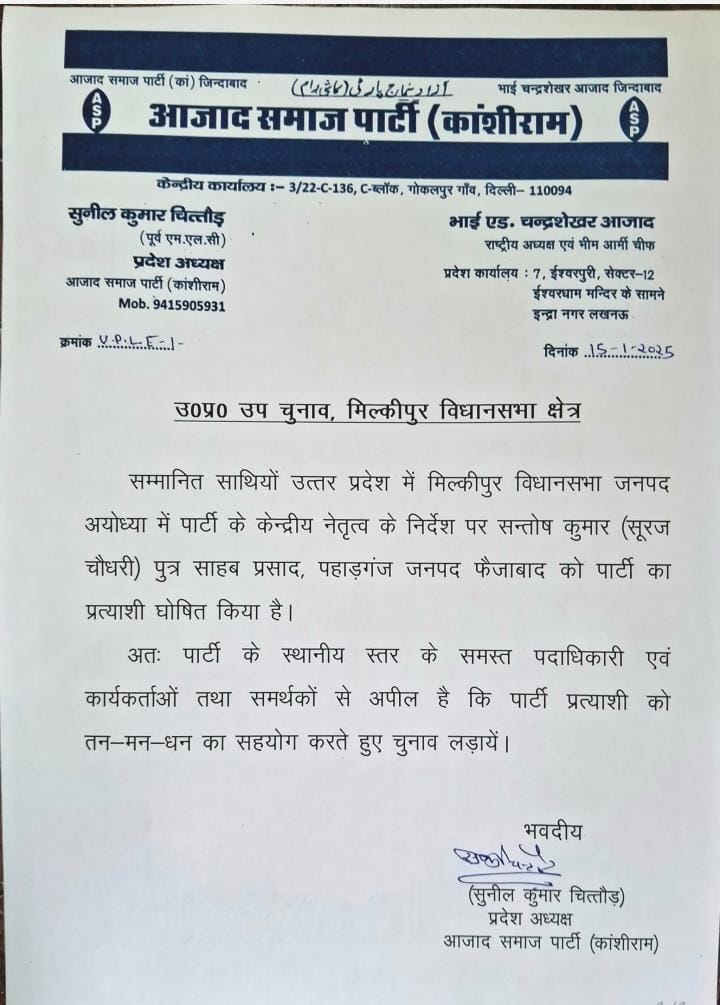 रूपेश कुमार राव (@rupesh_bhimarmy) on Twitter photo उत्तर प्रदेश के अयोध्या जिले के विधानसभा मिल्कीपुर से सूरज चौधरी जी को पार्टी का प्रत्याशी घोषित किया गया।
<a href="/BhimArmyChief/">Chandra Shekhar Aazad</a> उत्तर प्रदेश के अयोध्या जिले के विधानसभा मिल्कीपुर से सूरज चौधरी जी को पार्टी का प्रत्याशी घोषित किया गया।
<a href="/BhimArmyChief/">Chandra Shekhar Aazad</a>
