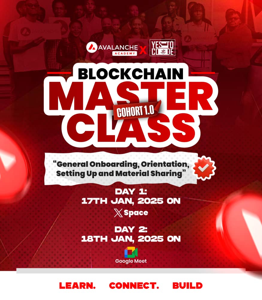 📢 Are You Excited?
The <a href="/avax/">Avalanche🔺</a> Academy x <a href="/yestocode/">YESTOCODE</a> Blockchain Masterclass starts with the General Onboarding on:

🗓 Jan 17 (X Space) &amp; Jan 18 (Google Meet)
⏰ 7 PM WAT