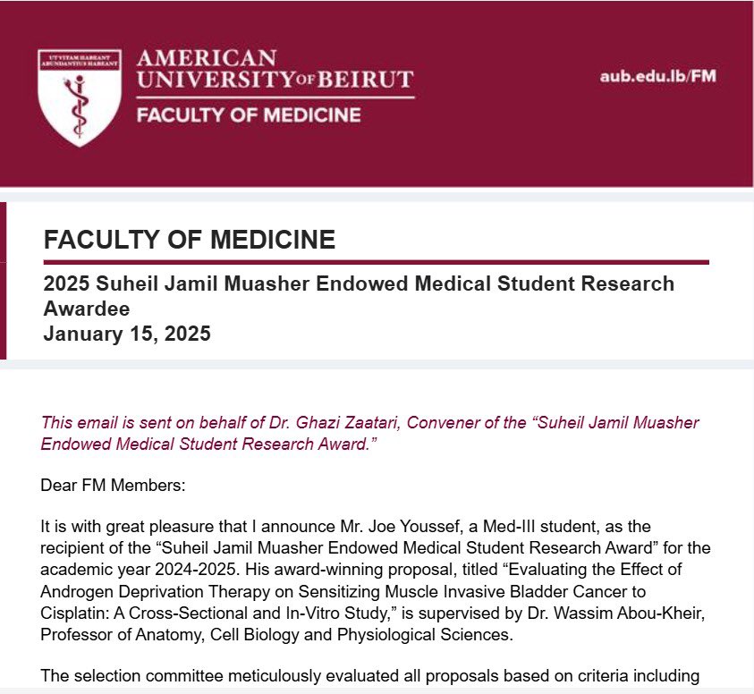 Joemyoussef's tweet photo. 1/2. Happy and proud to have received the 2025 Suheil Jamil Muasher Endowed Medical Student Research Award at @AUB_Lebanon.
I would first like to express my deepest gratitude to Dr. @KheirWassim for his constant support and mentorship, as well as to all the members of the WAK lab https://t.co/x1OzqPkxEM