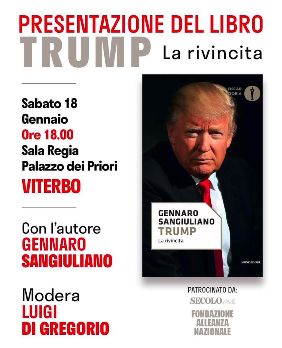 LIBRI – L’ex ministro Gennaro Sangiuliano presenta “Trump. La rivincita”
tusciaeventi.it/eventi/libri-l…

#trump #sangiuliano #libri #books #gennarosangiuliano