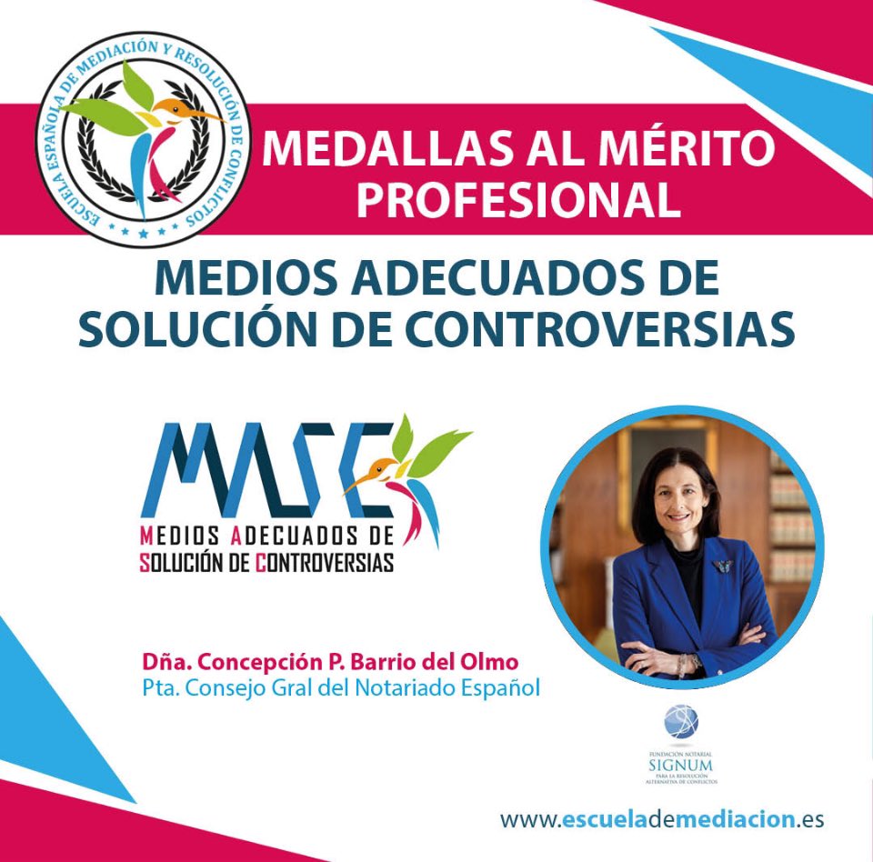 Mañana 17 de enero nuestra Decana <a href="/CPBarrioDelOlmo/">Concepción Pilar Barrio Del Olmo</a> recogerá la Medalla al Mérito Profesional 2025 de Escuela de Mediación y Resolución de Conflictos y <a href="/DiarioMediacion/">Diario de Mediación</a>. 

Un reconocimiento a <a href="/FundacionSIGNUM/">Fundación SIGNUM</a>, institución decana de mediación y arbitraje perteneciente a <a href="/ColNotMad/">Colegio Notarial de Madrid</a>.
