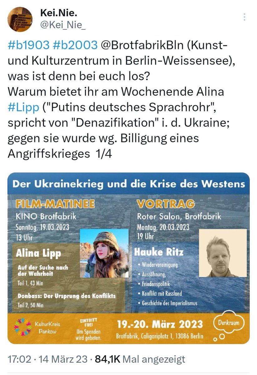 Kei_Nie_'s tweet photo. #b2003 Warum stellt @BABYLON_Berlin dem sog. "KulturKreis Pankow" Räume für eine Veranstaltung zur Verfügung? Dieser ist Teil der Berliner #Querdenken-Szene und unter anderem durch eine Filmveranstaltung mit Filmen von Alina #Lipp ("Putins dt. Sprachrohr") aufgefallen. https://t.co/66cB0wukWw