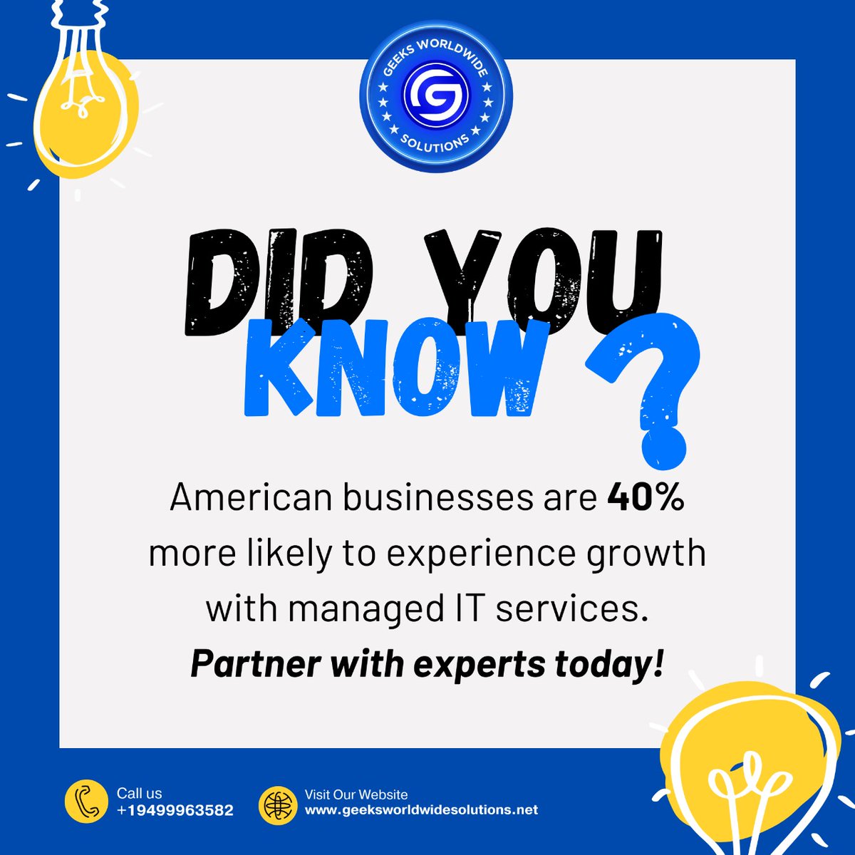 geeksolutioninc's tweet image. Did you know? American businesses with managed IT services are 40% more likely to grow faster and smarter!
#ITSolutions #ManagedITServices #BusinessGrowth #TechSupport #AmericanBusinesses #TechExperts #ITConsulting #PartnerWithExperts #SmallBusinessTips