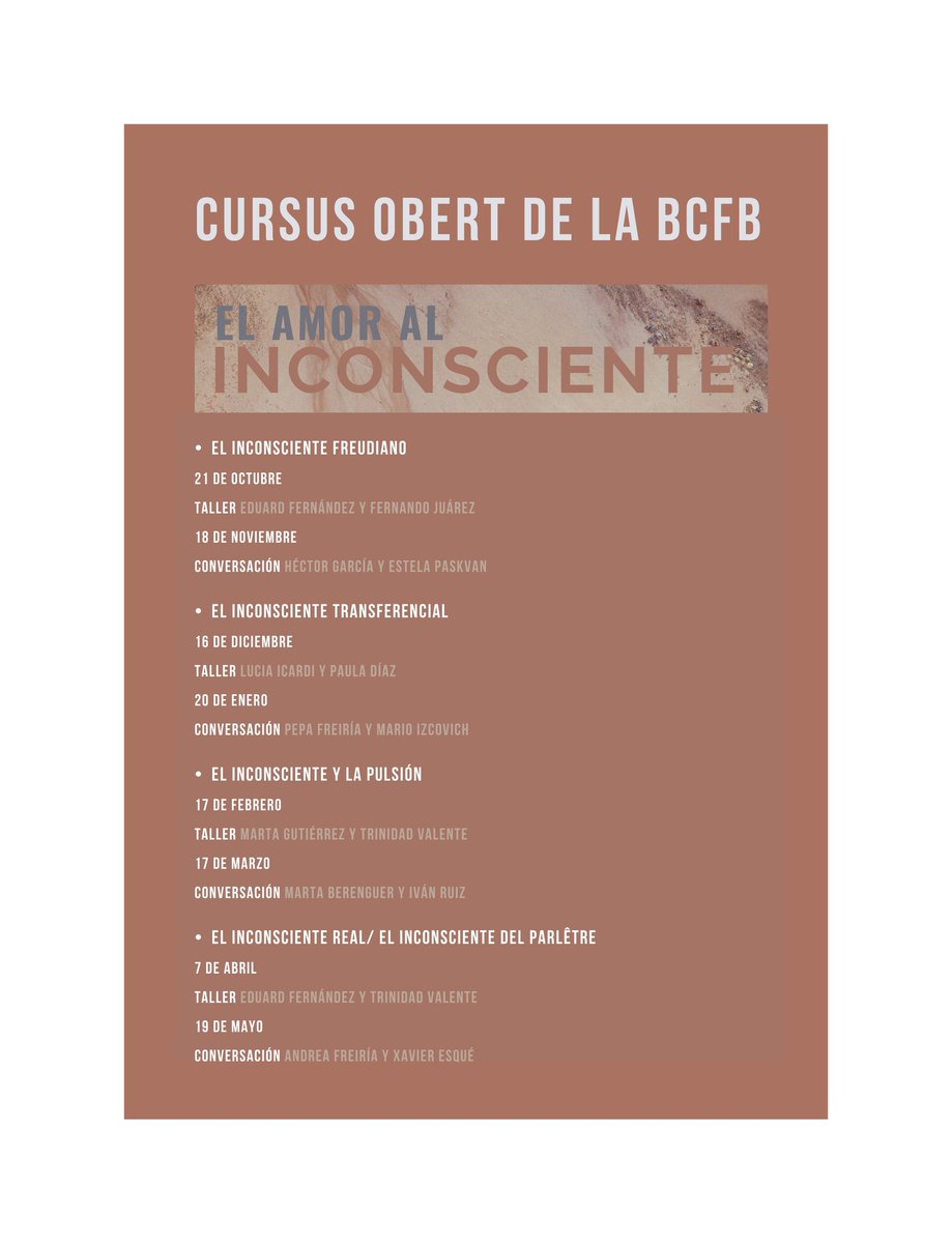 ELP-Catalunya (@cdc_elp) on Twitter photo CURSUS OBERT DE LA BCFB
💌 El amor al inconsciente 💌
🗓️ Lunes 20 de enero
⏰ 19:30h
INCONSCIENTE TRANSFERENCIAL
Conversan:
✨ Pepa Freiría: "Lo que uno sabe por sí solo"
✨ Mario Izcocich: "Traumatismo Freud: el inconsciente en tiempos de lo «neuro»"
⏩ bcfb@elp.cat CURSUS OBERT DE LA BCFB
💌 El amor al inconsciente 💌
🗓️ Lunes 20 de enero
⏰ 19:30h
INCONSCIENTE TRANSFERENCIAL
Conversan:
✨ Pepa Freiría: "Lo que uno sabe por sí solo"
✨ Mario Izcocich: "Traumatismo Freud: el inconsciente en tiempos de lo «neuro»"
⏩ bcfb@elp.cat
