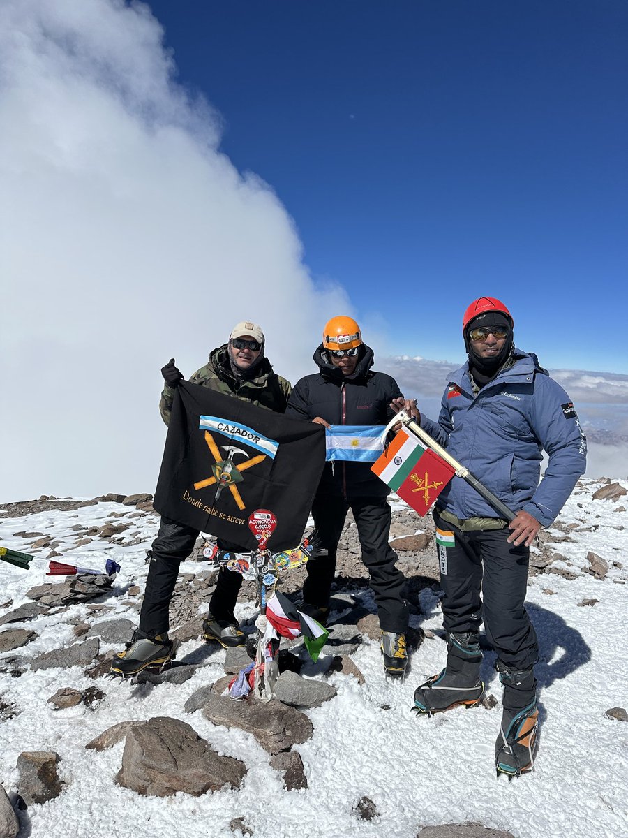 adgpi's tweet photo. #ArmyDay 2025

Mt Aconcagua Successfully Summited

On the occasion of Army Day 2025, a joint mountaineering expedition of the #IndianArmy and the #ArgentineArmy, successfully summitted the majestic Mt Aconcagua, the highest peak in the Americas with a towering altitude of 6995 metres. The introductory joint military expedition began on 03 January 2025, featuring an eight-member Indian team, led by Lieutenant Colonel Manoj Joshi alongside a 15-member Argentine contingent which finally summitted on 15 January 2025.

This expedition enhances bilateral defence ties, underscoring the value of collaborative efforts to strengthen mutual understanding and trust between the armed forces of the two nations.

'Jointly Rising to New Heights'

#IndianArmy
#YearofTechAbsorption
@MEAIndia
@DefenceMinIndia
@SpokespersonMoD
@HQ_IDS_India
@Indembarg
@MinDefensa_Ar
@Ejercito_Arg