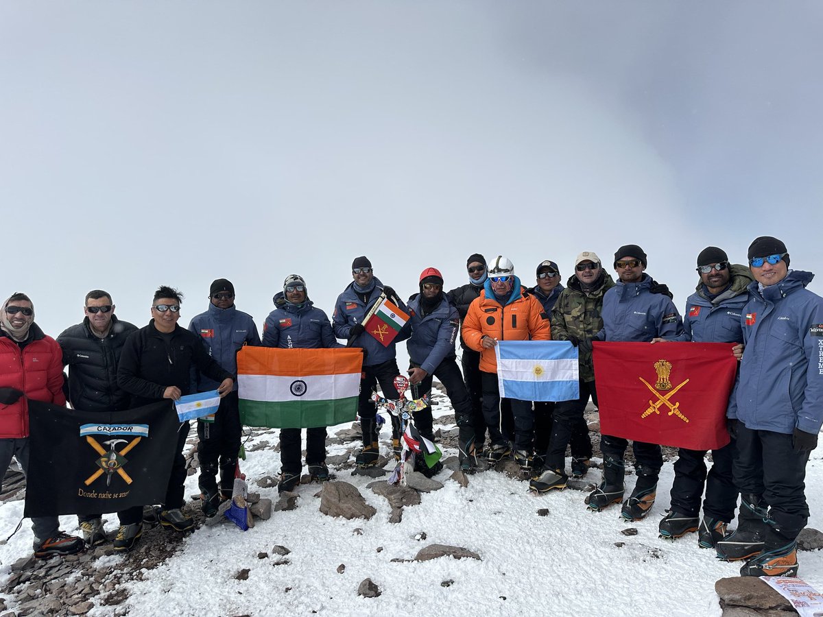 adgpi's tweet photo. #ArmyDay 2025

Mt Aconcagua Successfully Summited

On the occasion of Army Day 2025, a joint mountaineering expedition of the #IndianArmy and the #ArgentineArmy, successfully summitted the majestic Mt Aconcagua, the highest peak in the Americas with a towering altitude of 6995 metres. The introductory joint military expedition began on 03 January 2025, featuring an eight-member Indian team, led by Lieutenant Colonel Manoj Joshi alongside a 15-member Argentine contingent which finally summitted on 15 January 2025.

This expedition enhances bilateral defence ties, underscoring the value of collaborative efforts to strengthen mutual understanding and trust between the armed forces of the two nations.

'Jointly Rising to New Heights'

#IndianArmy
#YearofTechAbsorption
@MEAIndia
@DefenceMinIndia
@SpokespersonMoD
@HQ_IDS_India
@Indembarg
@MinDefensa_Ar
@Ejercito_Arg