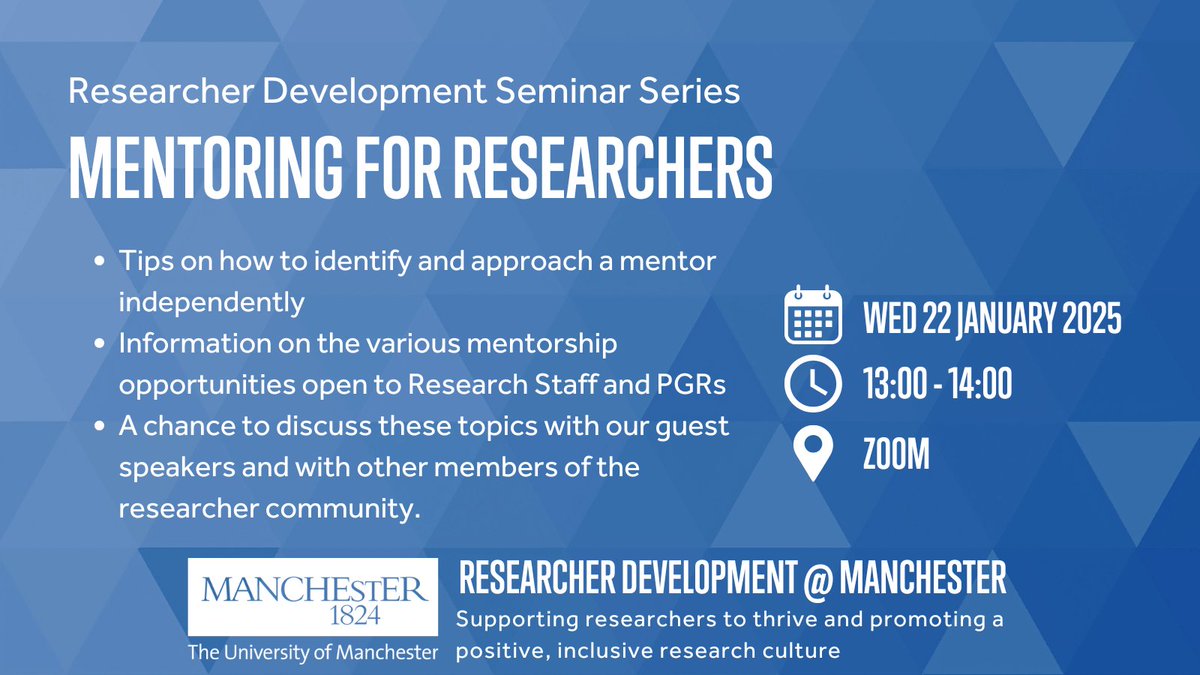 Come along to our next Researcher Development Seminar on Mentoring for Researchers. 
🗓️: Wednesday, 22nd January 2025
⏲️13:00 - 14:00
📍Zoom
🎟️tinyurl.com/msws7w2a