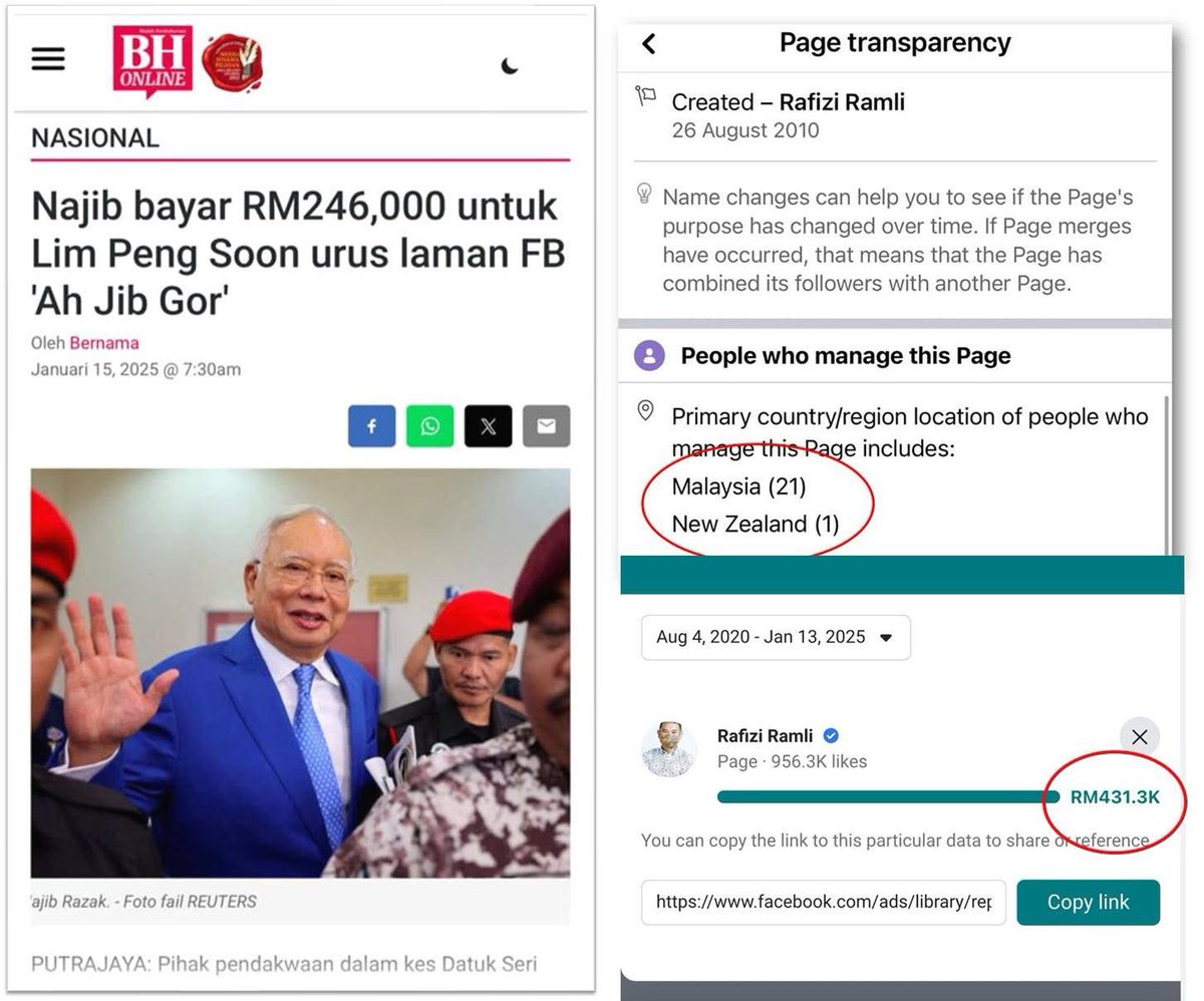 NaratifRakyat's tweet photo. Ada JKOM gelak berita hari ini bahawa Najib pernah bayar RM246k untuk urus page FB Cina dia "Ah Jib Gor" tetapi mereka tak tahu pula bahawa DSPiji pernah ada 22 orang admin bagi page FB dia termasuk seorang dari New Zealand.

DSPiji juga banyak iklan di FB dan telah berbelanja… https://t.co/3Hq3MCGFvT