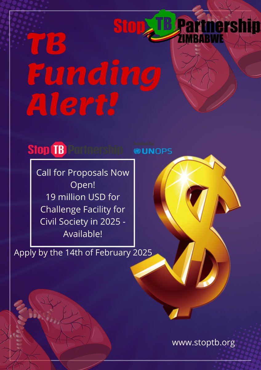 Stop TB Partnership Zimbabwe (@stoptbzimbabwe) on Twitter photo FUNDING OPPORTUNITY!
The <a href="/StopTB/">Stop TB Partnership</a> 's Challenge Facility for Civil Society (CFCS) is NOW OPEN!
Supporting orgs of people affected by TB & CSOs to improve TB care & services.
Deadline: Feb 14, 2025
Learn more & apply: (stoptb.org/challenge-faciโฆ) #StopTB #CFCS #TBFunding FUNDING OPPORTUNITY!
The <a href="/StopTB/">Stop TB Partnership</a> 's Challenge Facility for Civil Society (CFCS) is NOW OPEN!
Supporting orgs of people affected by TB & CSOs to improve TB care & services.
Deadline: Feb 14, 2025
Learn more & apply: (stoptb.org/challenge-faciโฆ) #StopTB #CFCS #TBFunding