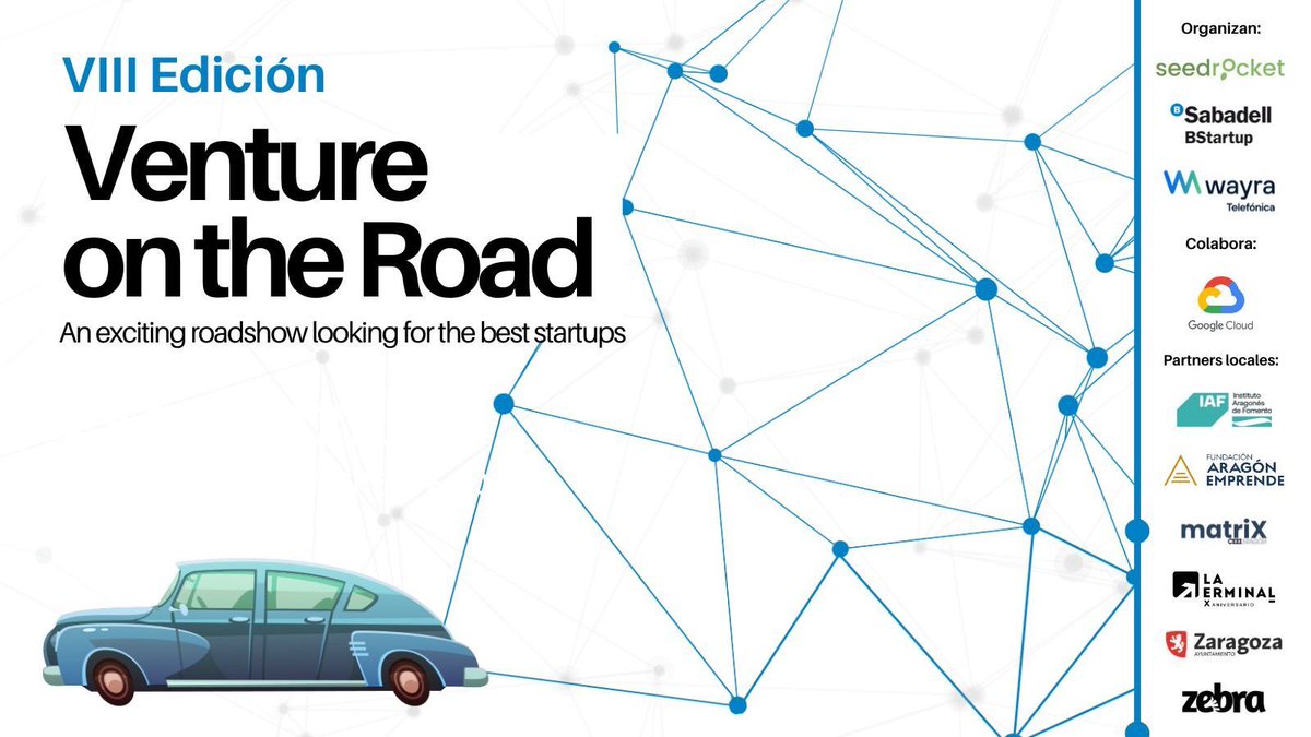 Esta tarde a las 17h, os esperamos en Zaragoza en el Etopía para el VIII
#VentureOnTheRoad de
<a href="/BStartup/">BStartup</a>, <a href="/seedrocket/">SeedRocket</a> y @WayraES. Con la colaboración de @GoogleCloud y el apoyo de <a href="/CEEIARAGON/">CEEIARAGON</a> <a href="/ZGZEmprende/">Zaragoza Emprende</a> , <a href="/Hiberus/">hiberus</a> 
<a href="/AragonesFomento/">Instituto Aragonés de Fomento</a> , <a href="/AragonEmprende/">Aragón Emprende</a> y <a href="/ZebraVentures/">Zebra Ventures</a>