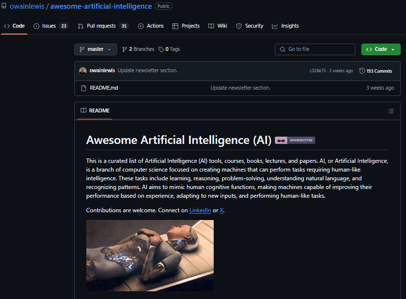 Kara_Zoreal's tweet photo. 5 GitHub repositories that will give you superpowers as an AI Engineer!

1. Awesome Artificial Intelligence 
A curated list of Artificial Intelligence:

- courses
- books
- video lectures
- and papers with code
🔗https://t.co/JZQ5rdK6mH

Every AI Engineer Should Know! 🧵 https://t.co/OwLrohZK1S