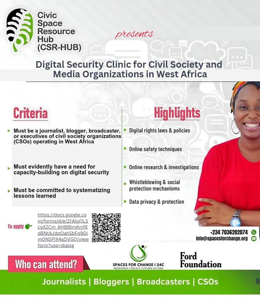 Are you an NGO executive, journalist, broadcaster, blogger or editor in a media organization interested in improving your organization's digital resilience and capability to avert the risks and threats in cyberspaces? <a href="/csrhubWA/">Civic Space Resource Hub for West Africa</a>  has you covered! 
To apply, click 👉