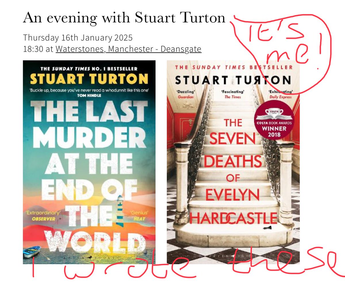 Stu Turton (@stu_turton) on Twitter photo Friends! I’m in Manchester tonight talking all things Last Murder. You should come, otherwise it’ll just be me and <a href="/CarolineHulse1/">Caroline Hulse</a> playing table tennis and writing chapters of each other’s novels. bit.ly/40Bk4yn Friends! I’m in Manchester tonight talking all things Last Murder. You should come, otherwise it’ll just be me and <a href="/CarolineHulse1/">Caroline Hulse</a> playing table tennis and writing chapters of each other’s novels. bit.ly/40Bk4yn