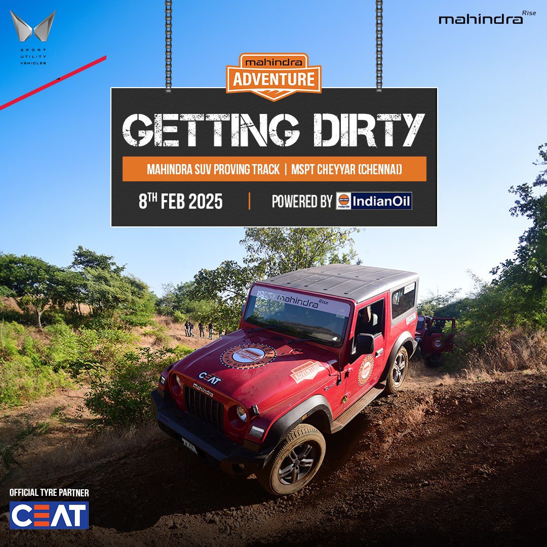 MahindraAdvntr's tweet photo. Where others see obstacles, we see challenges waiting to be conquered only at #GettingDirtyMSPT.

Meet us in MSPT on 8th Feb 2025. Link in bio.

#MahindraAdventure #Adventure #4x4 #Offroading https://t.co/aq8TVTUY1F