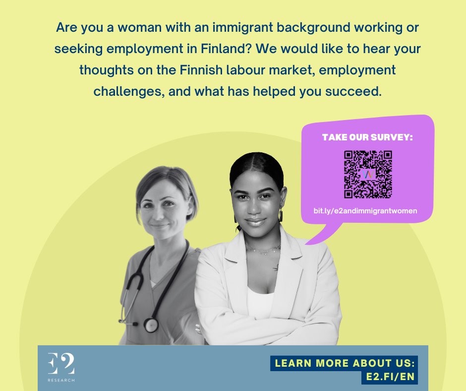 🌟 Are you a woman with an immigrant background working or seeking employment in Finland? We want to hear your insights on the Finnish labor market, employment challenges, and the factors that have supported your success.

This survey, conducted by E2 Research and commissioned by