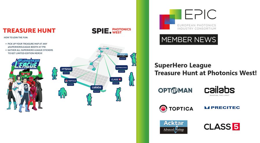 EPIC Photonics (@epic_photonics) on Twitter photo 📣The SuperHero League, consisting of Optoman, <a href="/CAILabs/">Cailabs</a>, <a href="/TOPTICA_AG/">TOPTICA Photonics</a>, <a href="/Precitec1/">@Precitec</a>, Acktar, and <a href="/Class5Photonics/">Class5Photonics</a>, has organized a Treasure Hunt at Photonics West! Visit any SuperHero League booth to pick up your Treasure Map, collect all the stickers, and win exclusive 📣The SuperHero League, consisting of Optoman, <a href="/CAILabs/">Cailabs</a>, <a href="/TOPTICA_AG/">TOPTICA Photonics</a>, <a href="/Precitec1/">@Precitec</a>, Acktar, and <a href="/Class5Photonics/">Class5Photonics</a>, has organized a Treasure Hunt at Photonics West! Visit any SuperHero League booth to pick up your Treasure Map, collect all the stickers, and win exclusive
