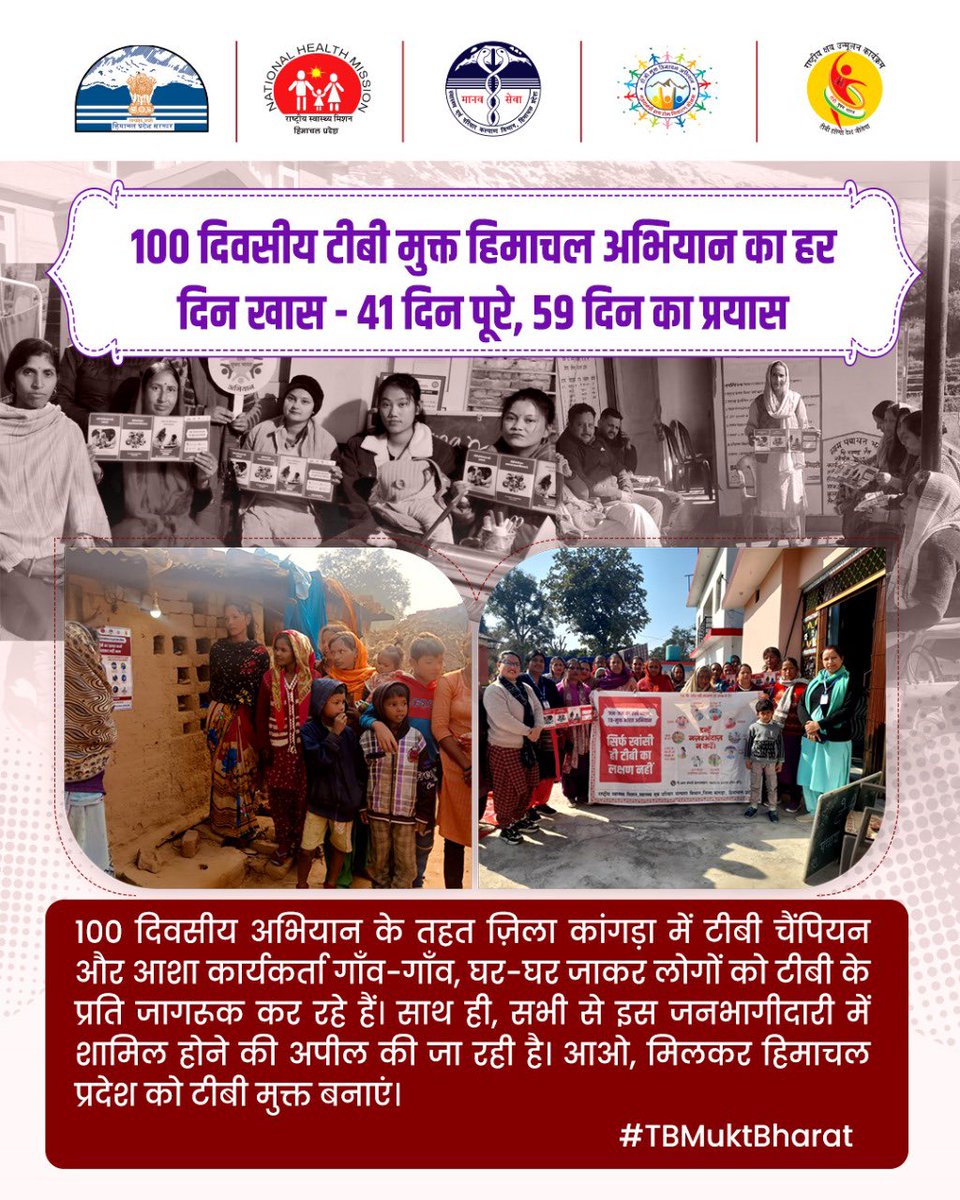 mukt_tb's tweet photo. 100 दिवसीय अभियान के तहत ज़िला कांगड़ा में टीबी चैंपियन और आशा कार्यकर्ता गाँव-गाँव, घर-घर जाकर लोगों को टीबी के प्रति जागरूक कर रहे हैं। साथ ही, सभी से इस जनभागीदारी में शामिल होने की अपील की जा रही है। आओ, मिलकर हिमाचल प्रदेश को टीबी मुक्त बनाएं।
#TBMuktBharat https://t.co/55xEkR3b1w