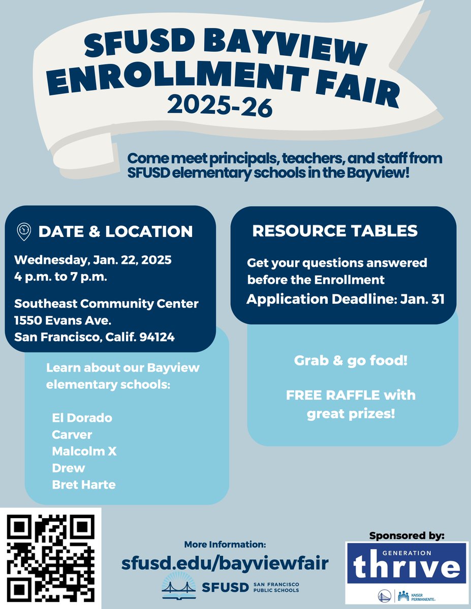ppssf's tweet photo. 💖Bayview families! SFUSD's Enrollment Fair is Jan 22nd, 4-7 pm.
🤝Meet school staff from Carver, Malcolm X, Drew, and Bret Harte to name a few!
✅Get questions answered!
🍿Enjoy food & a free raffle!
#SFUSD #BayviewEnrollment #ppssf https://t.co/elYMsTrWyu