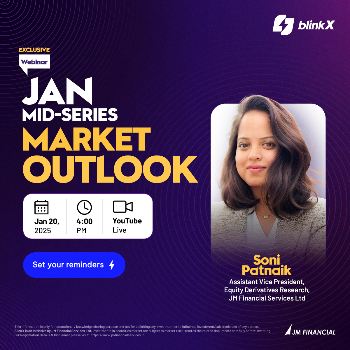getblinkx's tweet photo. #WebinarUpdate | Update your calendars ๐
Our webinar has been shifted from 17th Jan, Friday to 20th Jan, Monday!
@SoniPatnaik90 will be joining us LIVE on YouTube to discuss data and moves from the ongoing January series.
Join us and get your queries answered directly by the expert!
Watch Here๐บ
YouTube: https://t.co/mtVfOi3C6f
Facebook: https://t.co/JdtPLVWm8d
