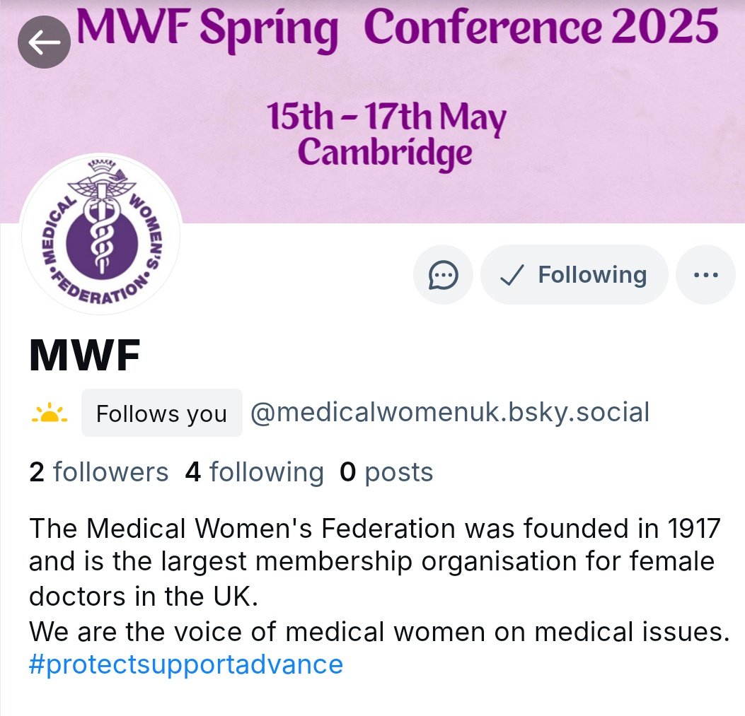 Hooray! Medical Women's Federation is now on BlueSky.
Thanks <a href="/doctor_oxford/">Dr Rachel Clarke</a> (our awesome May 2025 conference dinner speaker - book now everyone!!) for your suggestion! 
Please follow us there:
bsky.app/profile/medica… Or search: <a href="/medicalwomenuk/">MWF</a>.bsky.social