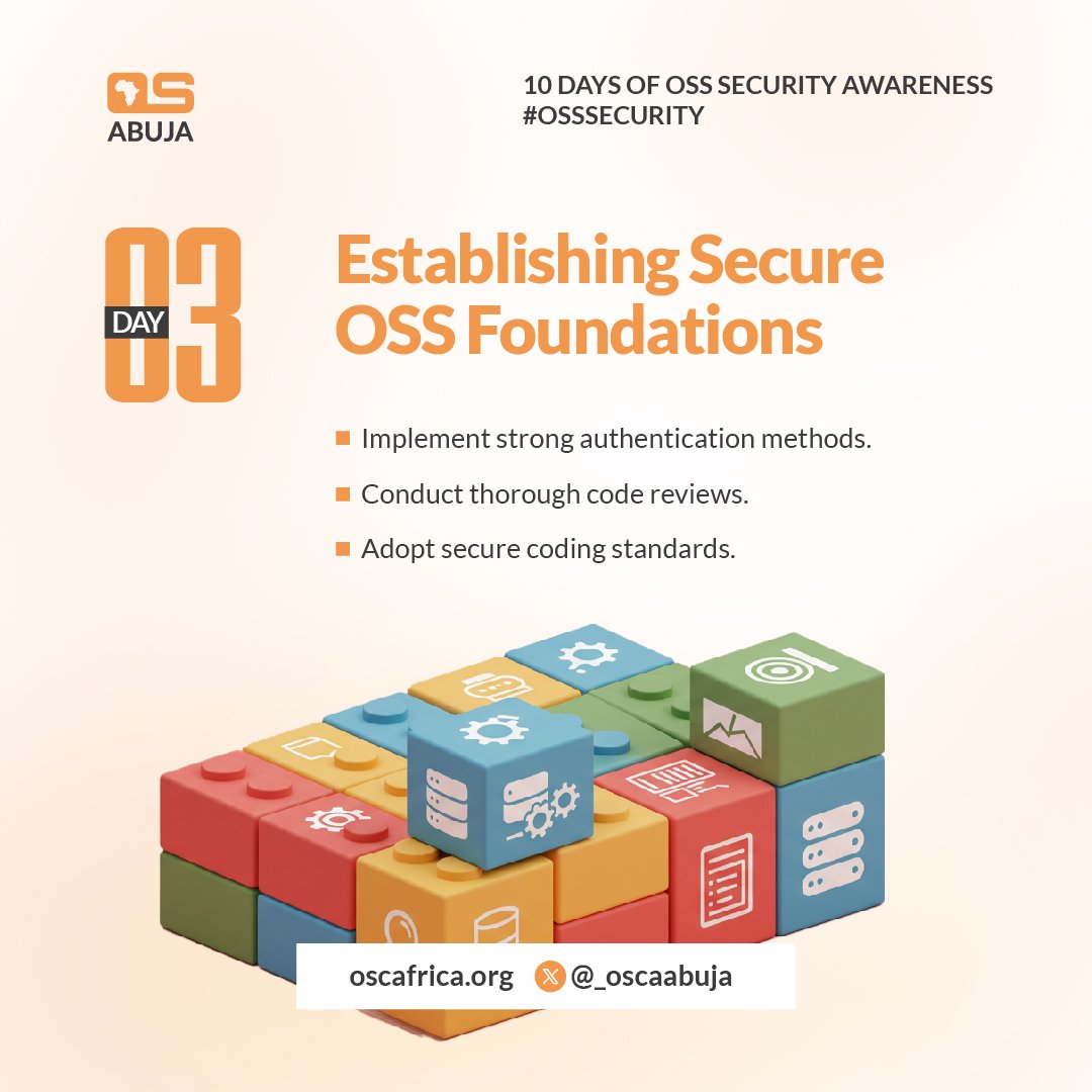 _oscaabuja's tweet photo. #10daysofOSSSecurity 
#Opensource

Day 3: Best Practices for Securing Open Source Projects 🔒

As African developers, it’s vital to build secure Open Source Software (OSS) from the ground up. Here's your security checklist for establishing strong OSS foundations:
#Thread https://t.co/NW6QPW4lxJ