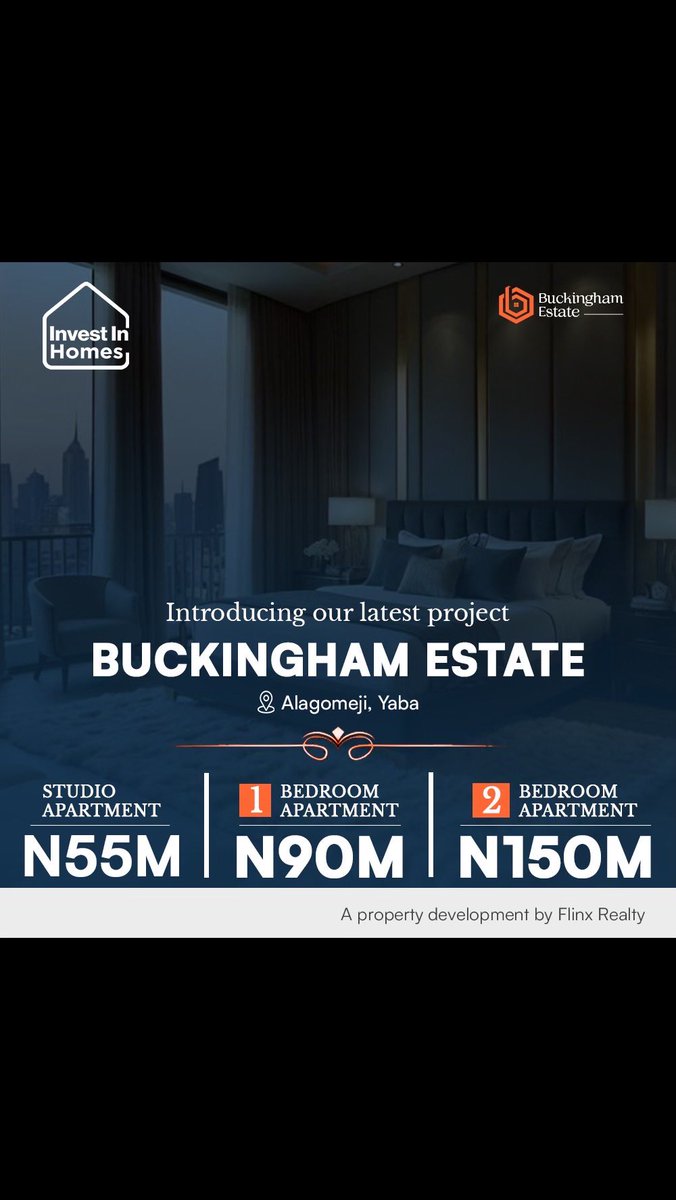 🌟WELCOME TO BUCKINGHAM ESTATE🌟 
Located in the heart of Alagomeji, Yaba, this is where sophistication meets smart investment. 
✨ Studio Apartment– ₦55Million
✨ 1 Bedroom Apartment– ₦90Million
✨ 2 Bedroom Apartment– ₦150Million 
FLEXIBLE PAYMENT PLAN
#BuckinghamEstate