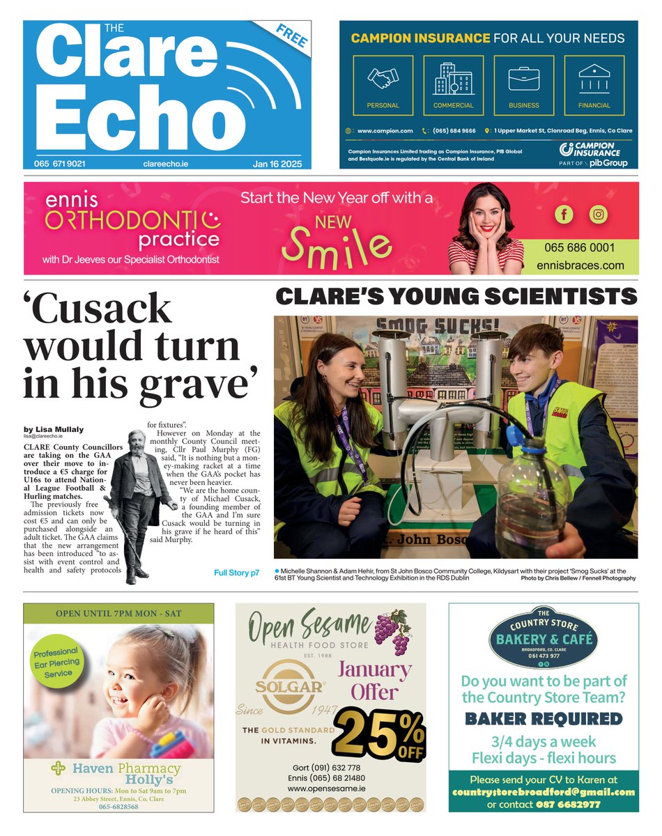 In this week's Clare Echo:
- "Cusack would turn in his grave" Clare Councillors want to keep U16 GAA tickets free
- Civil war parties squabble over East Clare chair
-Future of Quin's only montessori at risk due to planning discrepancy
- Clare Cup draw made

This and much more!