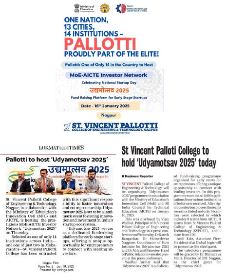 Leading newspapers covered Udyamotsav2025 at St. Vincent Pallotti College of Engineering &amp; Technology, Nagpur