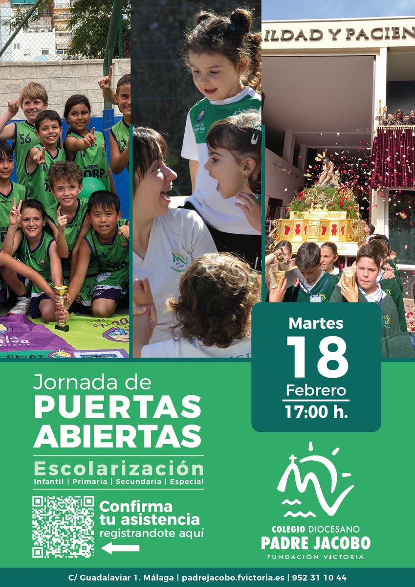 ¡Te invitamos a nuestra Jornada de Puertas Abiertas para las familias de nuevo ingreso!

📅 Fecha: 18 Febrero
⏰ Horario: 17:00h
📍 Lugar: Colegio Padre Jacobo - Calle Guadalaviar 1 

Confirma tu asistencia realizando la inscripción a través del código QR. 

¡Os esperamos!