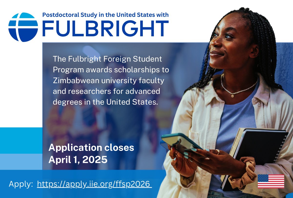 U.S. Embassy Zimbabwe (@usembzim) on Twitter photo 🎓 Are you a university lecturer or researcher? Are you thinking of your next step? Apply for the Foreign Student <a href="/FulbrightPrgrm/">The Fulbright Program</a> exchange for advanced degrees in the U.S. Visit apply.iie.org/ffsp2026. Applications close April 1, 2025. #Fulbright. 🎓 Are you a university lecturer or researcher? Are you thinking of your next step? Apply for the Foreign Student <a href="/FulbrightPrgrm/">The Fulbright Program</a> exchange for advanced degrees in the U.S. Visit apply.iie.org/ffsp2026. Applications close April 1, 2025. #Fulbright.